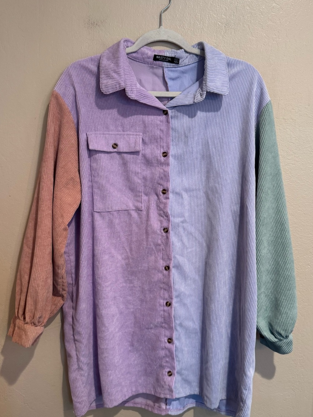 Vintage 90’s Pastel Colorblock Corduroy Button-Up Oversize Shirt Dress